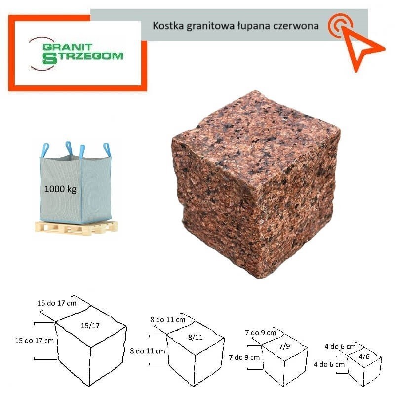 Kostka granitowa łupana, różne kolory i rozmiary Czerwona